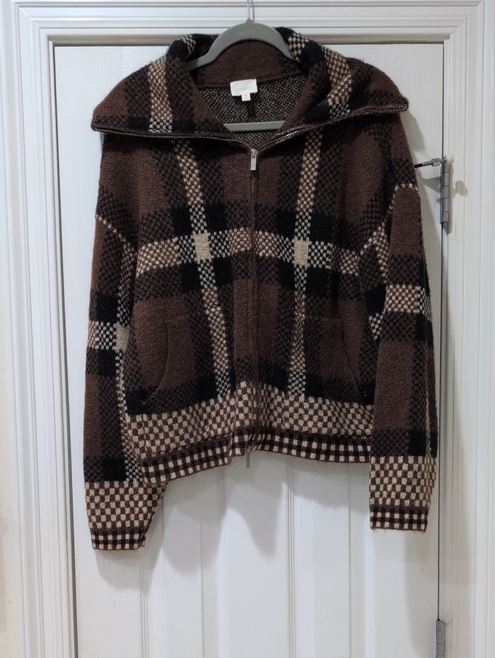 Cyrus Layette Brown Plaid Mock Neck Sweater Zip Hoodie
